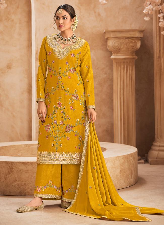 Chinnon Yellow Ceremonial Wear Embroidery Work Readymade Plazzo Suit